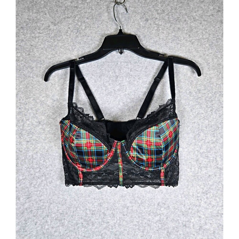 Adore Me Lisette Contour Bustier Bra 36DDD Black Lace Plaid School Girl Punk